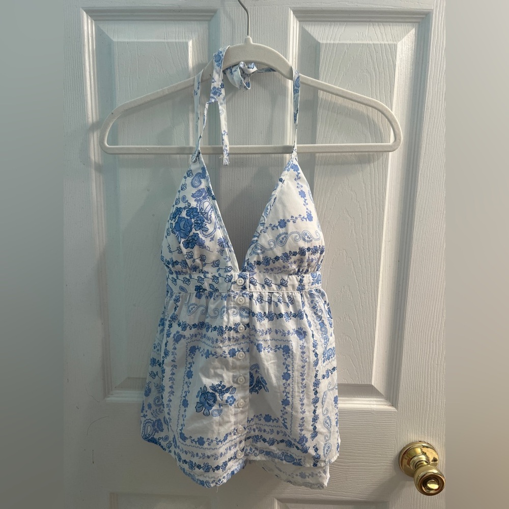 Hollister Floral Blue and White Halter Top